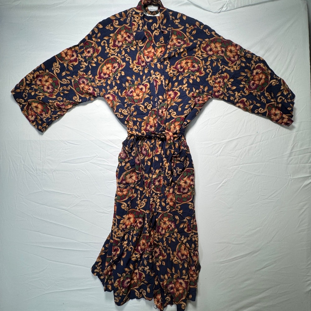 VTG Peterborough Row Mens Robe Bloomingdales Navy Floral Scroll Loungewear L XL
